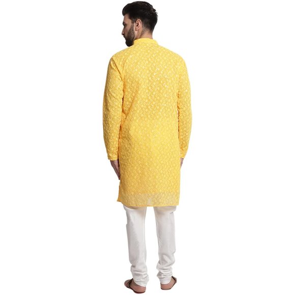 Men Yellow Color Georgette Chikankari Kurta Pyjama Set for Partywear & Wedding - Picture 5 of 7